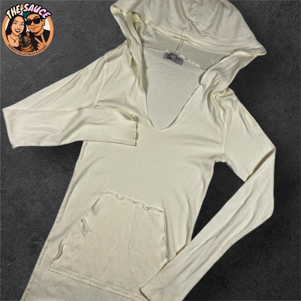 Michael Stars Hooded Long Sleeve Womens OS Cream Ribbed Knit Lettuce Edge V-Neck